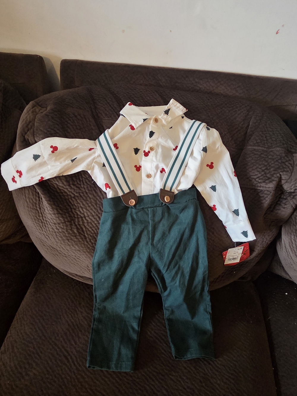 Disney White Shirt with Red Mickey Prints & Green Pants with Striped Suspenders